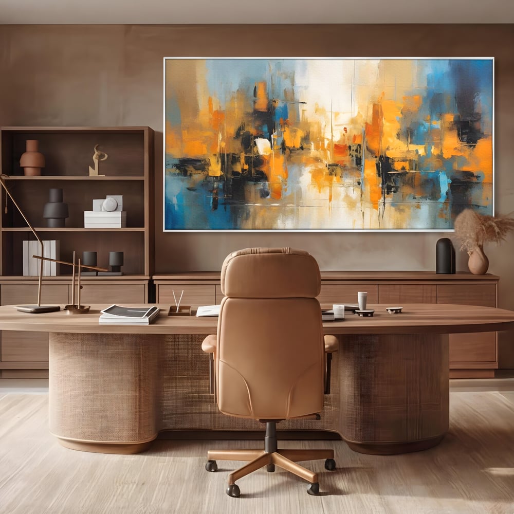 Tablou canvas cu pictura abstracta cu reflexii in apa, in rama de aluminiu argintiu, pe perete intr-un birou